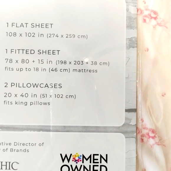 Shabby Chic Cottage Farmhouse KING sheet set peach pink ribbon & roses floral - Picture 3 of 7